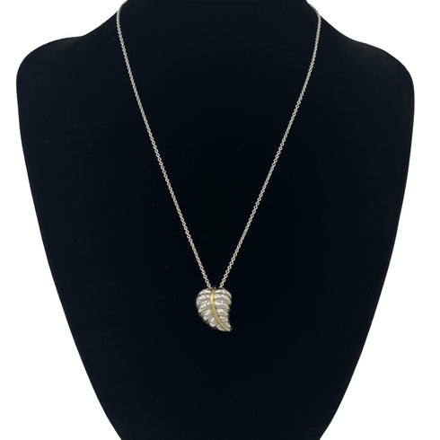 Vintage Leaf Motif Pendant Necklace Sterling Silver and 18K Yellow Gold