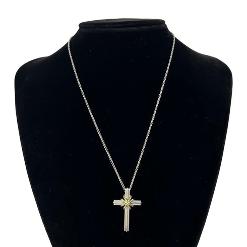 Vintage Signature Cross Pendant Necklace Sterling Silver and 18K Yellow Gold