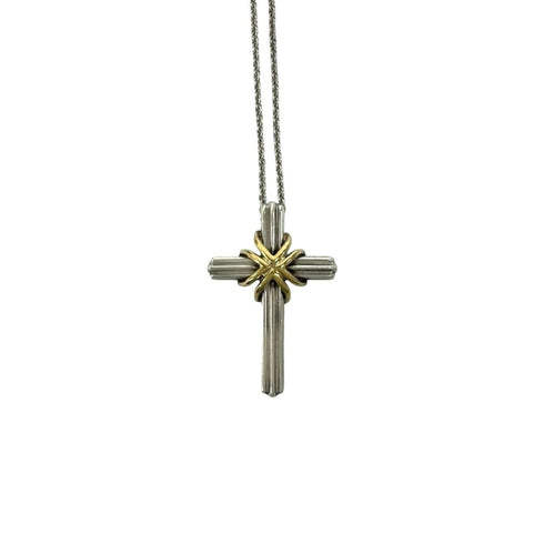 Vintage Signature Cross Pendant Necklace Sterling Silver and 18K Yellow Gold
