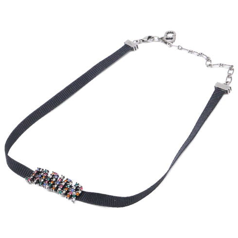 Choker Necklace Metal With Rhinestone And Grosgrain Ribbon Black And Multicolor