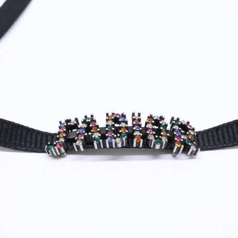 Choker Necklace Metal With Rhinestone And Grosgrain Ribbon Black And Multicolor