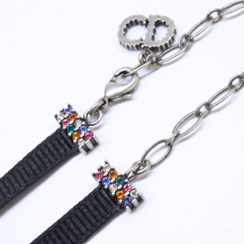 Choker Necklace Metal With Rhinestone And Grosgrain Ribbon Black And Multicolor