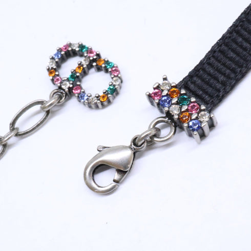 Choker Necklace Metal With Rhinestone And Grosgrain Ribbon Black And Multicolor