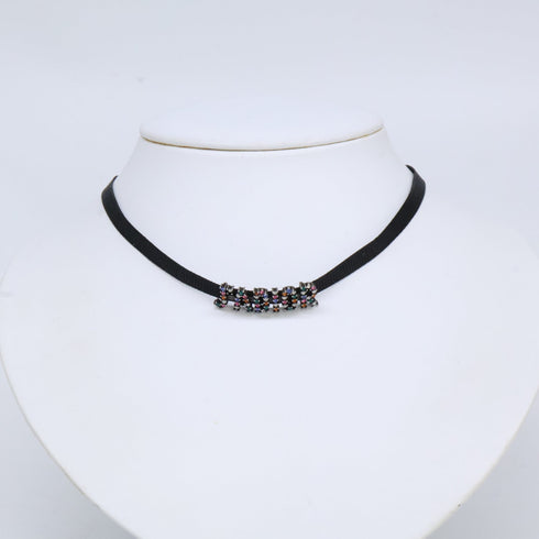 Choker Necklace Metal With Rhinestone And Grosgrain Ribbon Black And Multicolor