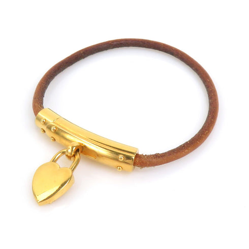 Padlock Charm Bracelet Leather and Metal Brown and Gold
