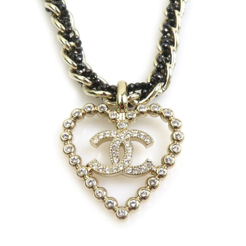 Pendant Necklace Metal and Rhinestone Black and Gold