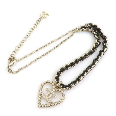 Pendant Necklace Metal and Rhinestone Black and Gold