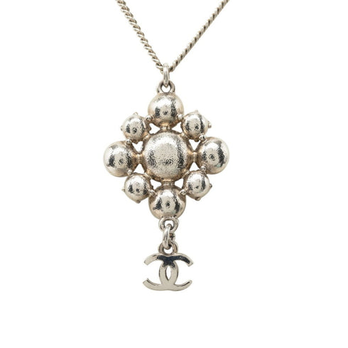 CC Logo Flower Pendant Necklace Silver-Tone Metal