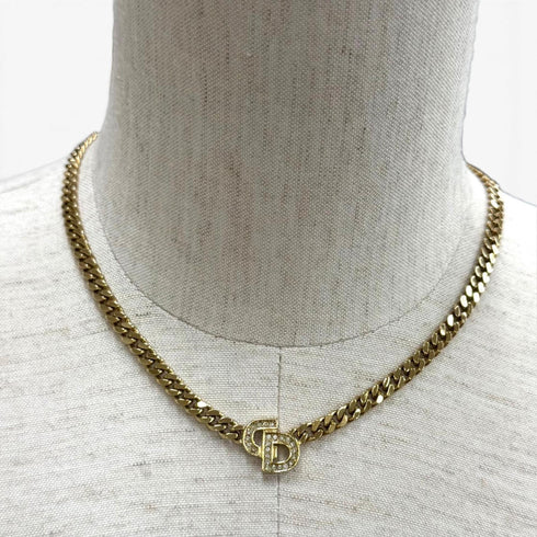 Vintage Rhinestone Cuban Link Choker Necklace Gold
