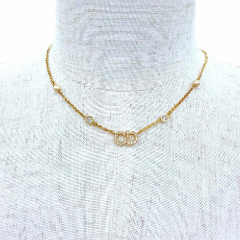 Pendant Necklace Gold with Eco Pearl and Rhinestone