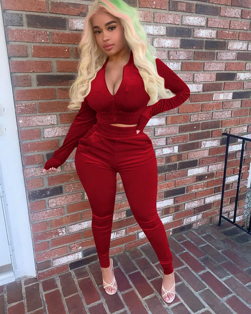 Velvet Hoodie Crop Top Tracksuit