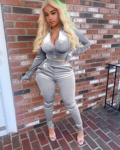 Velvet Hoodie Crop Top Tracksuit