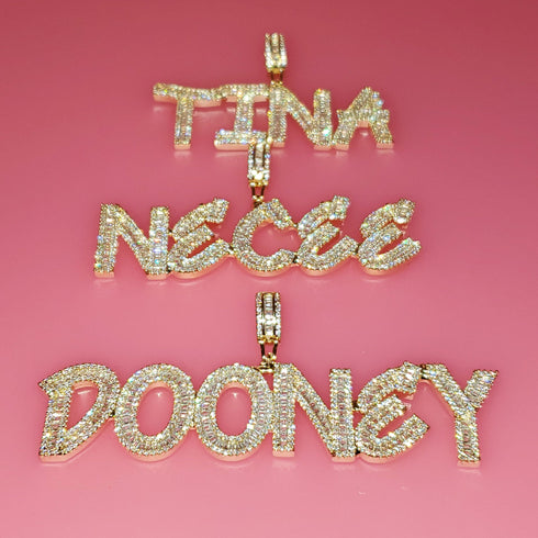 Custom Baguette Letter Name Necklace – Iced Out Pendant with Tennis Chain