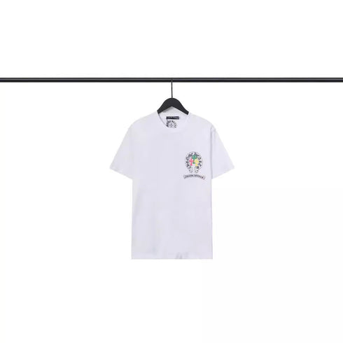 Chrome Heart T Shirts Crowe Scroll Heart Color Cross Print Crew Neck Short Sleeve