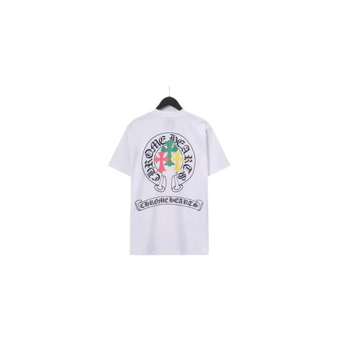 Chrome Heart T Shirts Crowe Scroll Heart Color Cross Print Crew Neck Short Sleeve