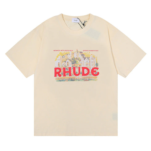 Rhude T-shirt Micro Label Castle Letter Logo Pattern Short Sleeve T-shirt Loose