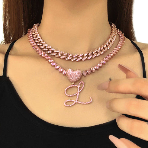Custom Initial Cuban Heart Pendant Necklace + FREE Tennis Chain