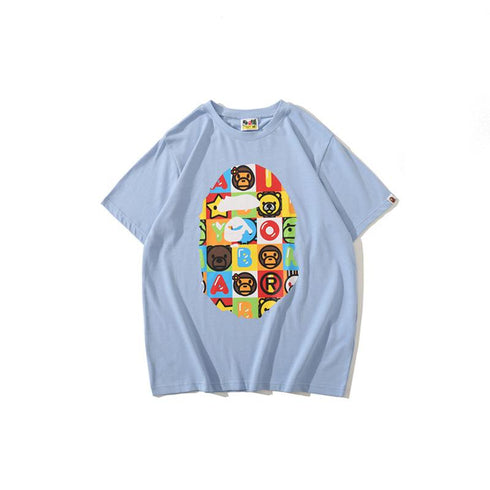 Bathing Ape T-Shirt Printed Round Neck Casual Short Sleeve Multi-Color Blocks Ape Head T-shirt