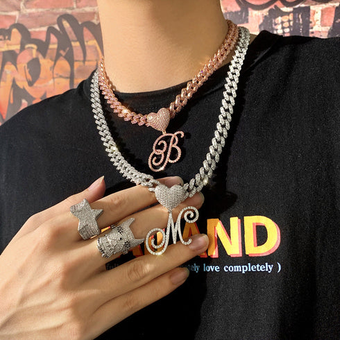 Custom Initial Cuban Heart Pendant Necklace + FREE Tennis Chain