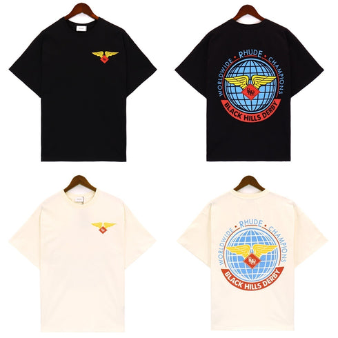 Rhude T-shirt Label Wings Alphabet Earth Print Short Sleeve T-shirt