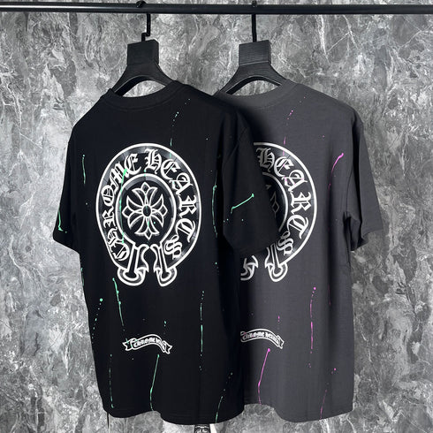 Chrome Heart T Shirts Cross Leather Print Short Sleeve T-Shirt Loose