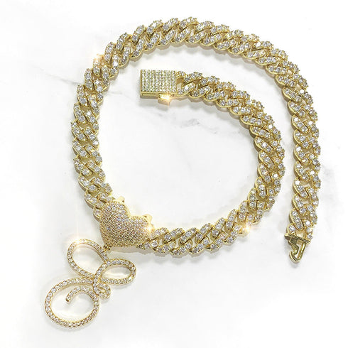 Custom Initial Cuban Heart Pendant Necklace + FREE Tennis Chain