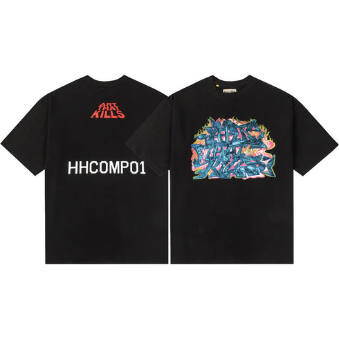 Gallery Dept T-Shirt Hand Painted Ink Splashing Alphabet Washed Retro Short Sleeve T-Shirt