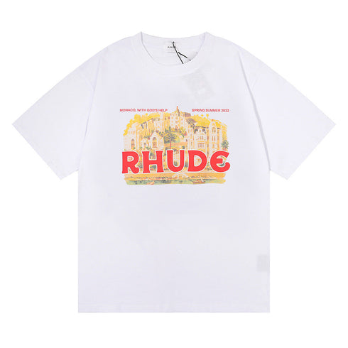 Rhude T-shirt Micro Label Castle Letter Logo Pattern Short Sleeve T-shirt Loose