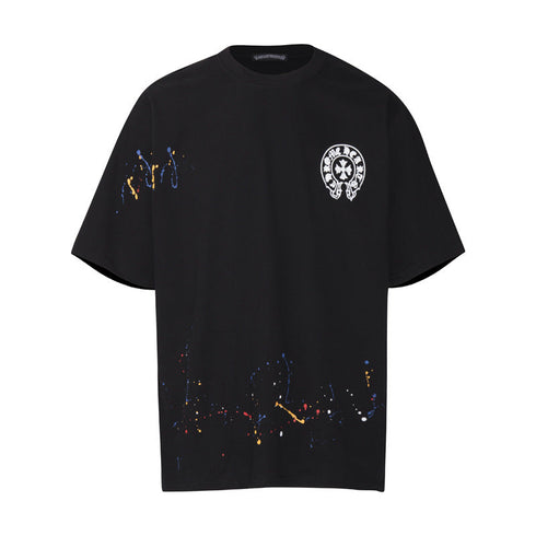 Chrome Heart T Shirts Cross Leather Print Short Sleeve T-Shirt Loose