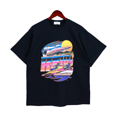 Rhude T-shirt Vintage Yacht Color Alphabet Print Short Sleeve T-shirt