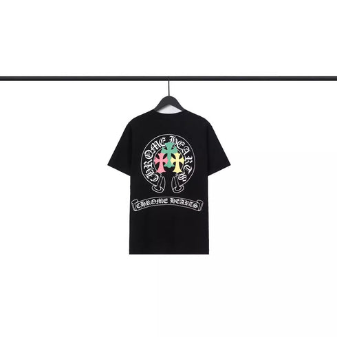 Chrome Heart T Shirts Crowe Scroll Heart Color Cross Print Crew Neck Short Sleeve