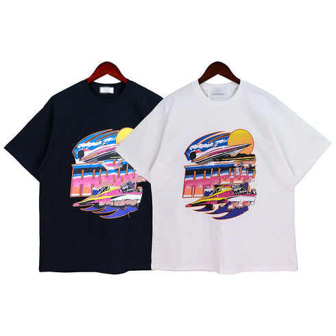 Rhude T-shirt Vintage Yacht Color Alphabet Print Short Sleeve T-shirt