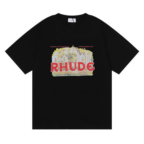 Rhude T-shirt Micro Label Castle Letter Logo Pattern Short Sleeve T-shirt Loose
