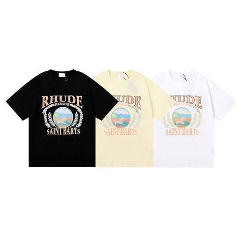 Rhude T-shirt Wheat Ear Sunset Beach Pattern Printed Short Sleeve T-shirt