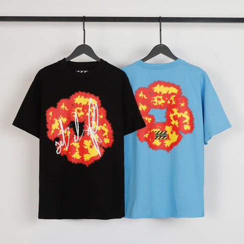 Denim Tears T-shirts Flame Wood Cotton Printed Loose Short Sleeve T-shirt
