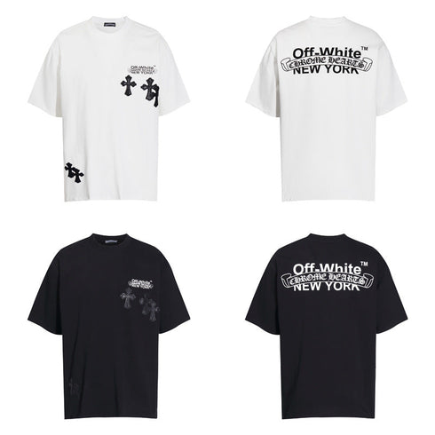 Chrome Heart T Shirts Cross Color Leather Printed Short Sleeve T-Shirt Loose