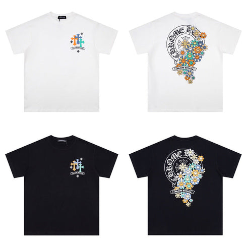 Chrome Heart T Shirts Cross Leather Print Short Sleeve T-Shirt Loose