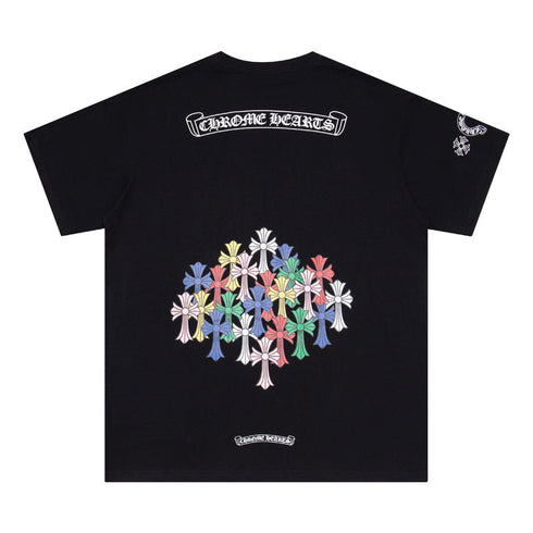 Chrome Heart T Shirts Colorful Cross Flower Arm Short Sleeve