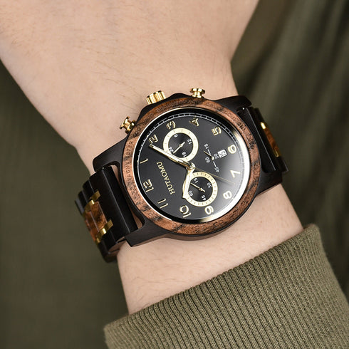 Vintage Chronograph with Luminous Hands & Calendar Wood Grain Men's Watch
