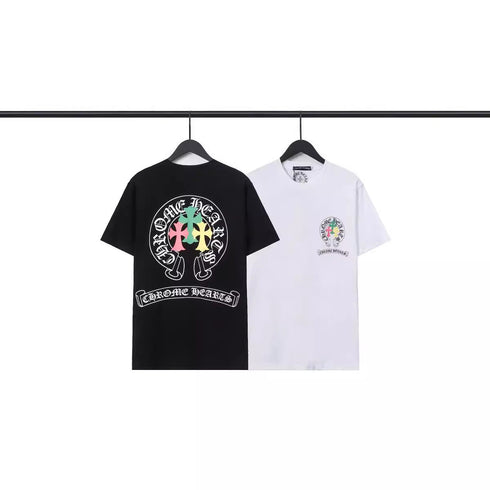Chrome Heart T Shirts Crowe Scroll Heart Color Cross Print Crew Neck Short Sleeve