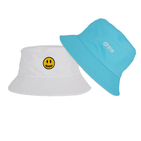 Drew House Justin Bieber Hat Bucket Hat Fishing Cap Cotton Print Fisherman Hat Smiling Face Bucket Hat Female Summer Outdoor Sun Hat