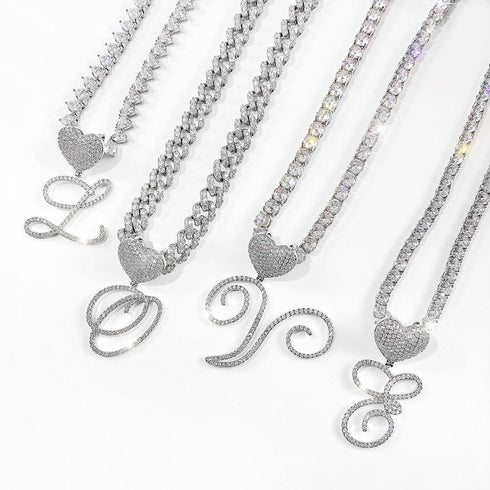Custom Initial Cuban Heart Pendant Necklace + FREE Tennis Chain