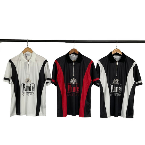 Rhude T-shirt Cross-border European and American trendy brand RHUDE badge letter half zipper mesh lapel short-sleeved T-shirt men's and women's high street polo shirt