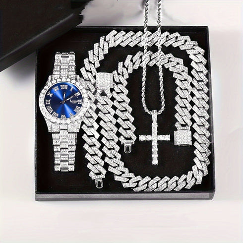 VVS Jewelry 4-Piece Iced Out Watch & Cuban Chain, Bracelet and Cross Bundle Set