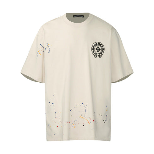 Chrome Heart T Shirts Cross Leather Print Short Sleeve T-Shirt Loose