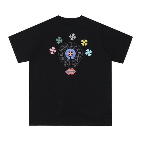 Chrome Heart T Shirts Cross Leather Print Short Sleeve T-Shirt Loose