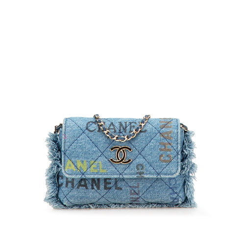Denim Mood Flap Clutch with Chain Logo Printed Quilted Fringe Denim