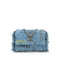Denim Mood Flap Clutch with Chain Logo Printed Quilted Fringe Denim