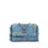 Denim Mood Flap Clutch with Chain Logo Printed Quilted Fringe Denim