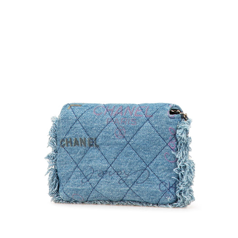 Denim Mood Flap Clutch with Chain Logo Printed Quilted Fringe Denim